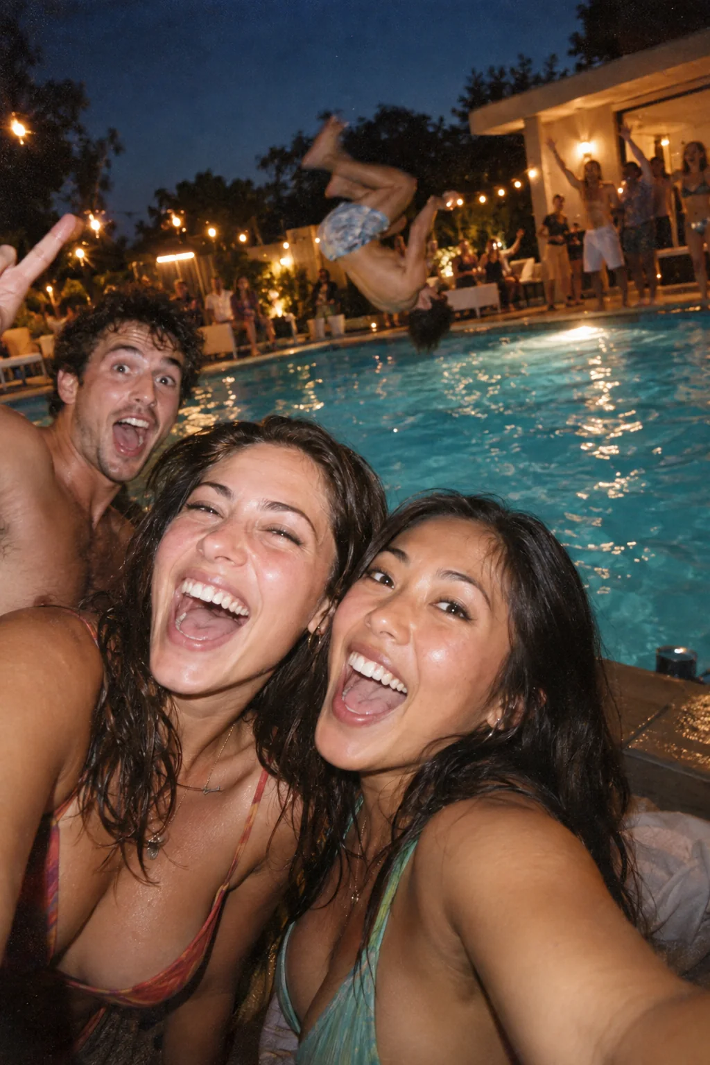 Friends capture a pool-party selfie as another guest backflips into the water behind them
